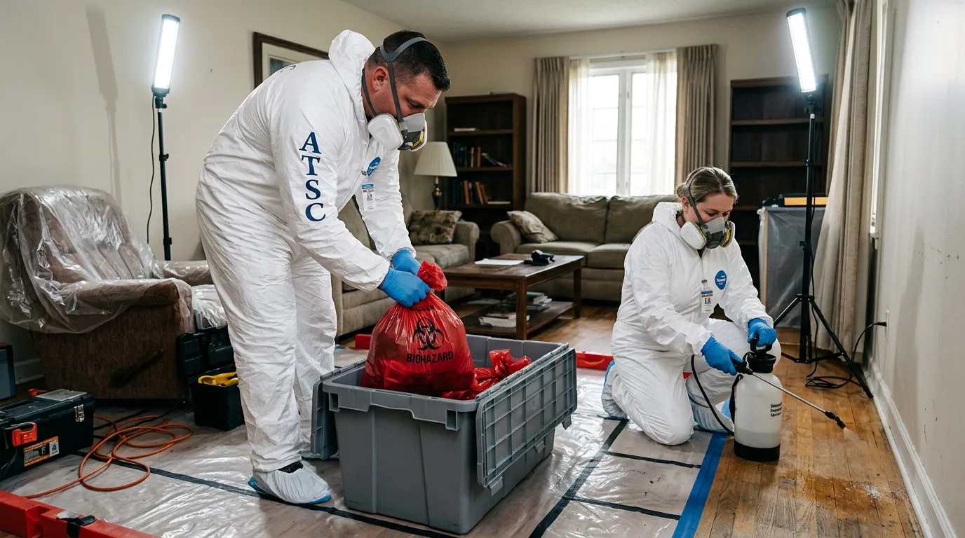 Professional Biohazard Cleanup technician in full PPE working in Scotch Plains